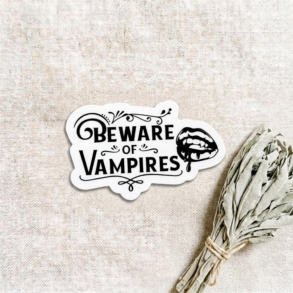 Black and white "Beware of Vampires" gothic vinyl sticker with fanged vampire lips, displayed on a linen background beside a bundle of dried white sage. __etsy:8182204753