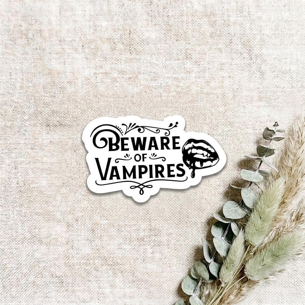 Black and white "Beware of Vampires" gothic vinyl sticker with ornate vintage lettering and fanged vampire lips, displayed on a natural linen background with dried eucalyptus and pampas grass. __etsy:8182204745