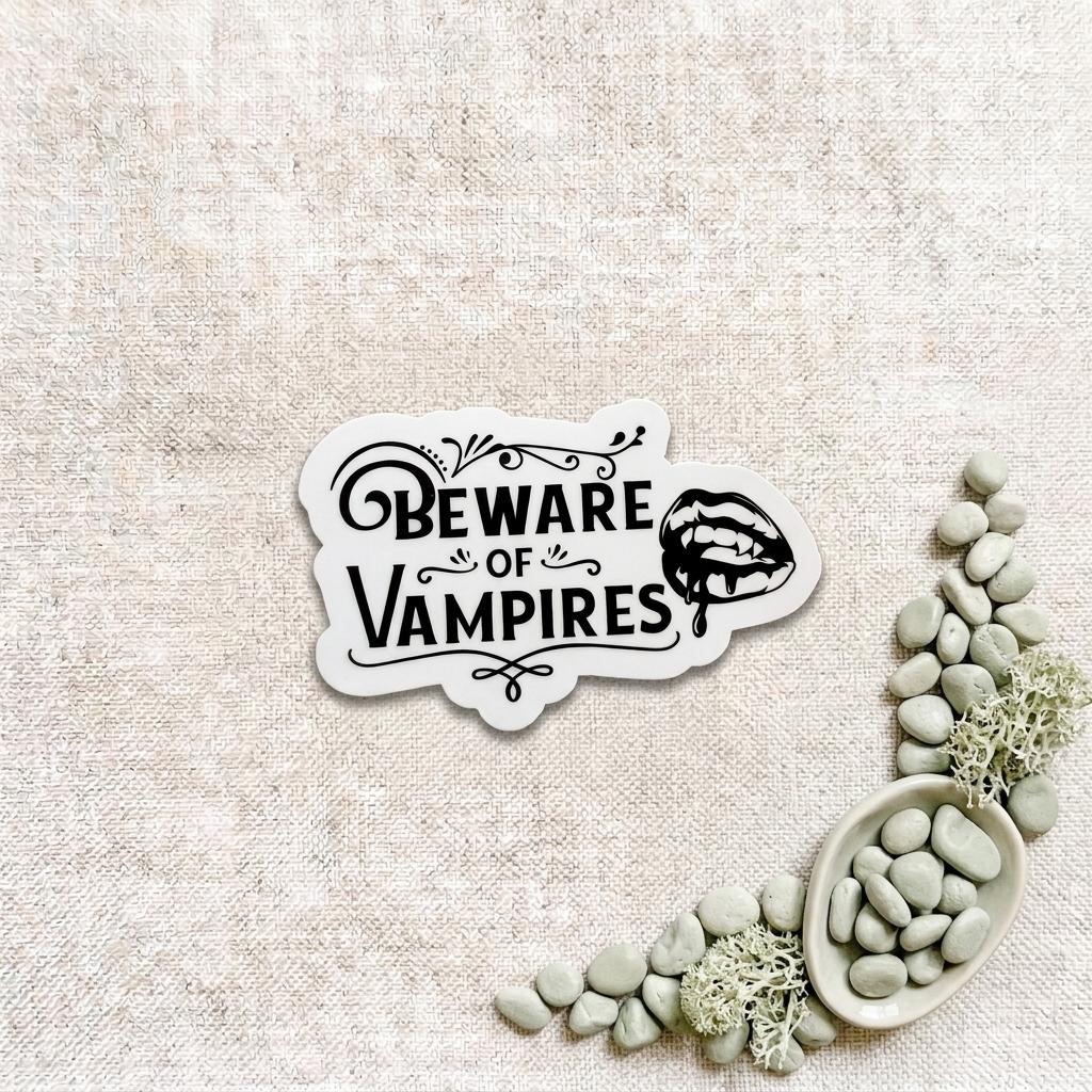 Black and white "Beware of Vampires" gothic vinyl sticker with fanged vampire lips, arranged on a linen background with smooth white pebbles and reindeer moss in a small dish. __etsy:8182204755