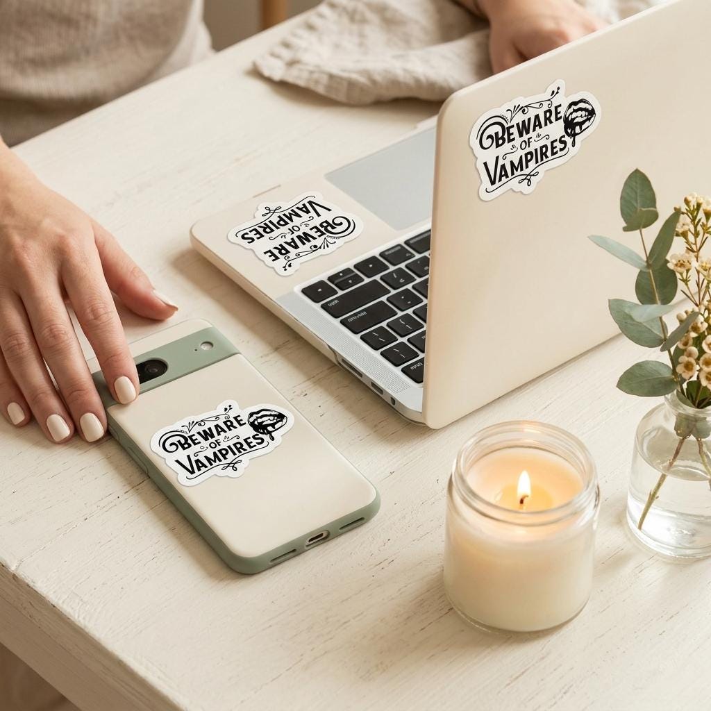 "Beware of Vampires" gothic vinyl stickers applied to a laptop lid, keyboard deck, and a phone case, shown on a white desk with a hand holding the phone beside a lit candle and eucalyptus in a glass vase. __etsy:8134304596