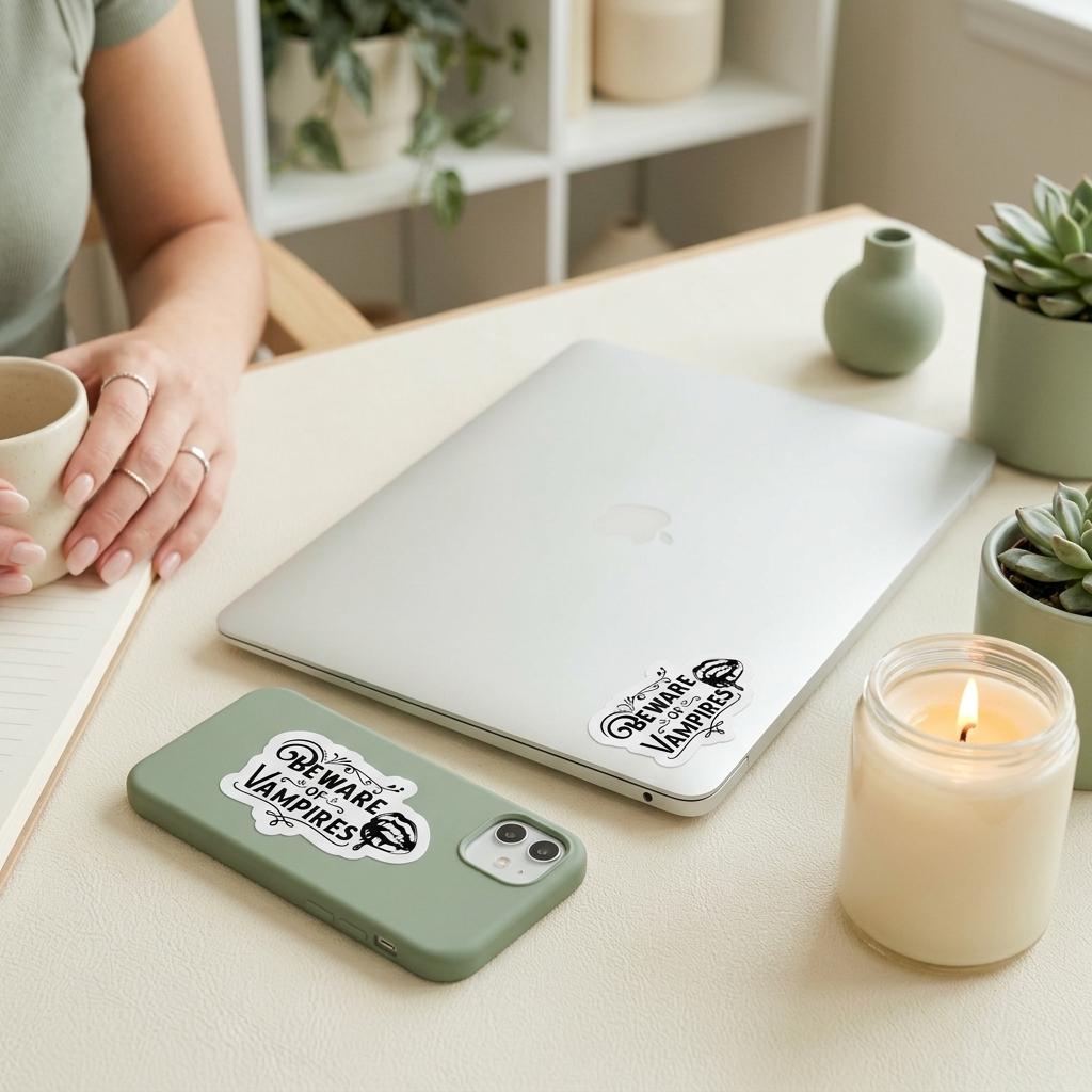 "Beware of Vampires" gothic vinyl stickers applied to a silver laptop lid and a sage green phone case, styled on a bright desk with a person holding a mug, potted succulents, and a lit candle. __etsy:8134304586
