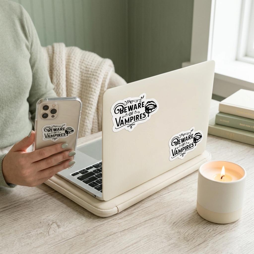 "Beware of Vampires" gothic vinyl stickers on a clear phone case and a white laptop lid, held by a person in a cream knit sweater near a window with a lit candle and a stack of books. __etsy:8134304594