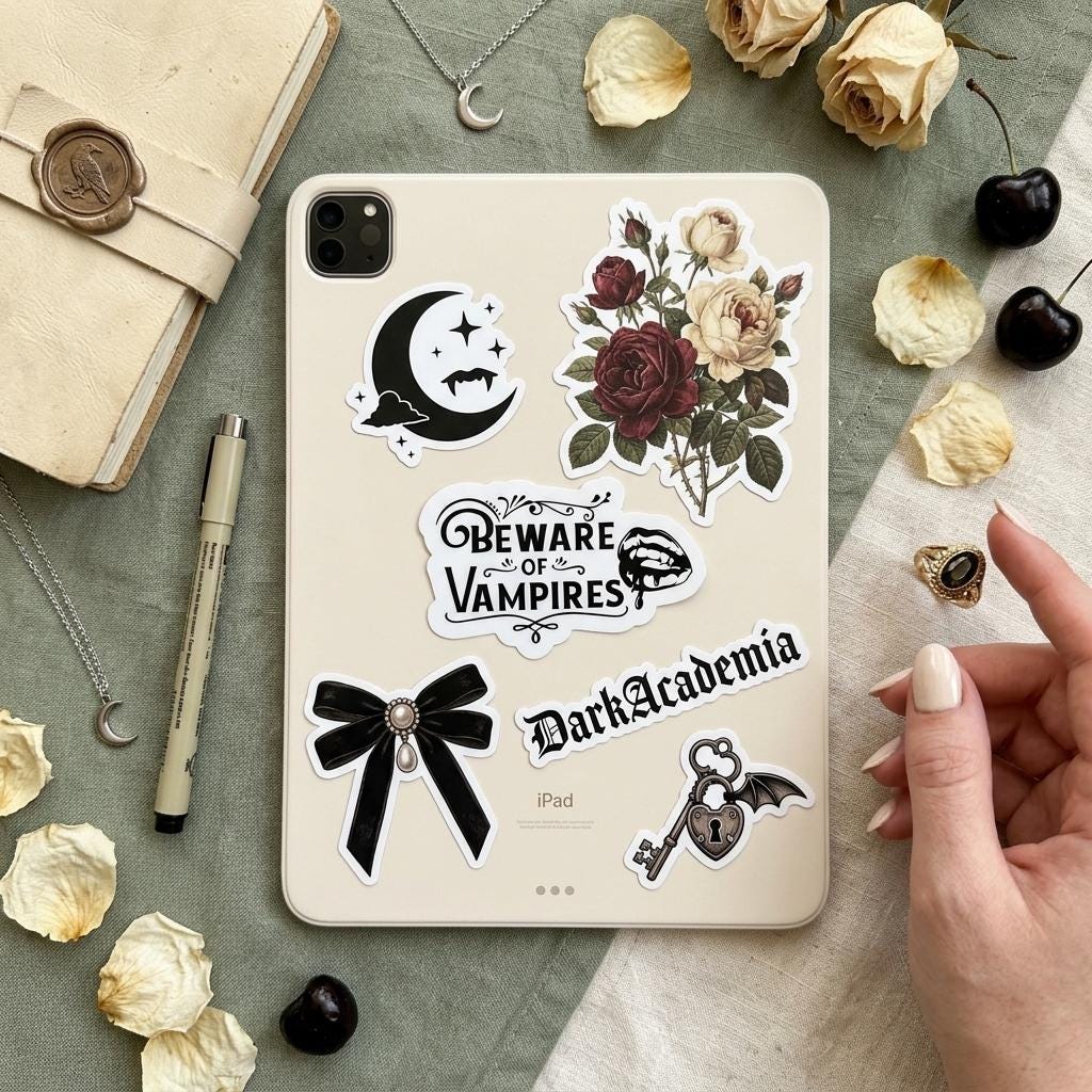 Dark academia flat-lay of an iPad decorated with the "Beware of Vampires" gothic sticker alongside crescent moon, red rose, black bow, "Dark Academia," and skeleton key stickers, surrounded by dried roses, cherries, a wax seal, and a hand reaching in. __etsy:8134304614