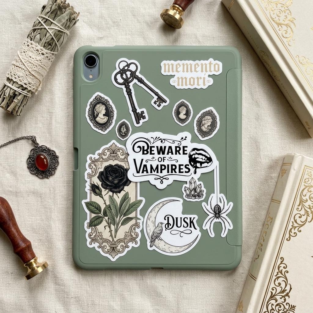 Sage green iPad case covered with the "Beware of Vampires" gothic sticker among "memento mori," skeleton key, cameo, black rose, crescent moon "Dusk," and spider stickers, styled with a smudge stick, wax seal stamp, gemstone pendant, and an ornate book. __etsy:8134304616