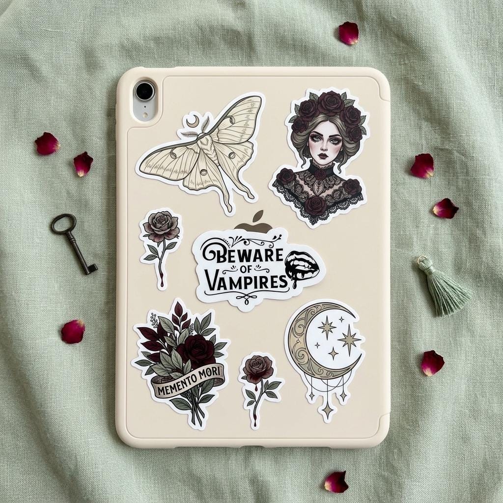 Cream iPad case decorated with the "Beware of Vampires" gothic sticker among luna moth, Victorian woman portrait, dark rose, skeleton key, "Memento Mori" bouquet, and crescent moon stickers, on sage fabric scattered with dark red rose petals. __etsy:8134304620