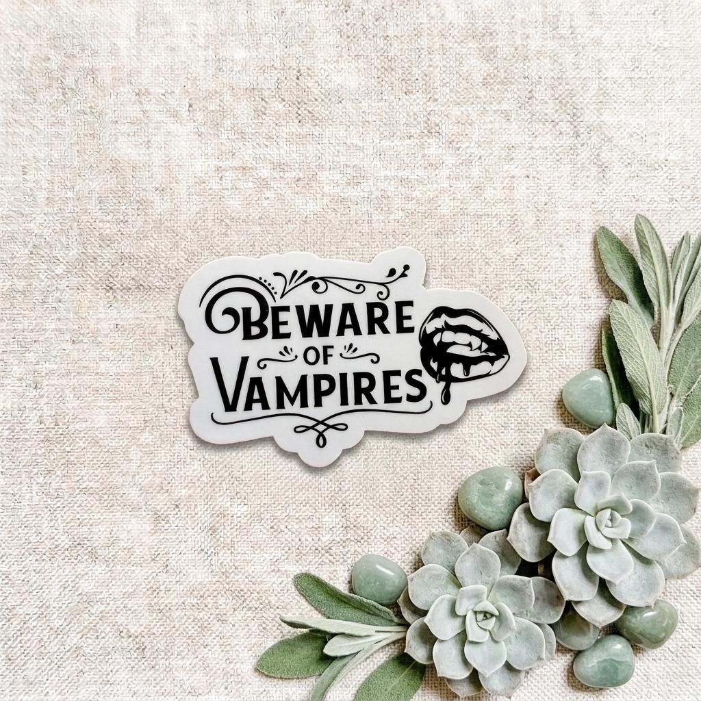 Black and white "Beware of Vampires" gothic vinyl sticker with fanged vampire lips, displayed on a linen background styled with green succulents, sage leaves, and pale green gemstones. __etsy:8182204751