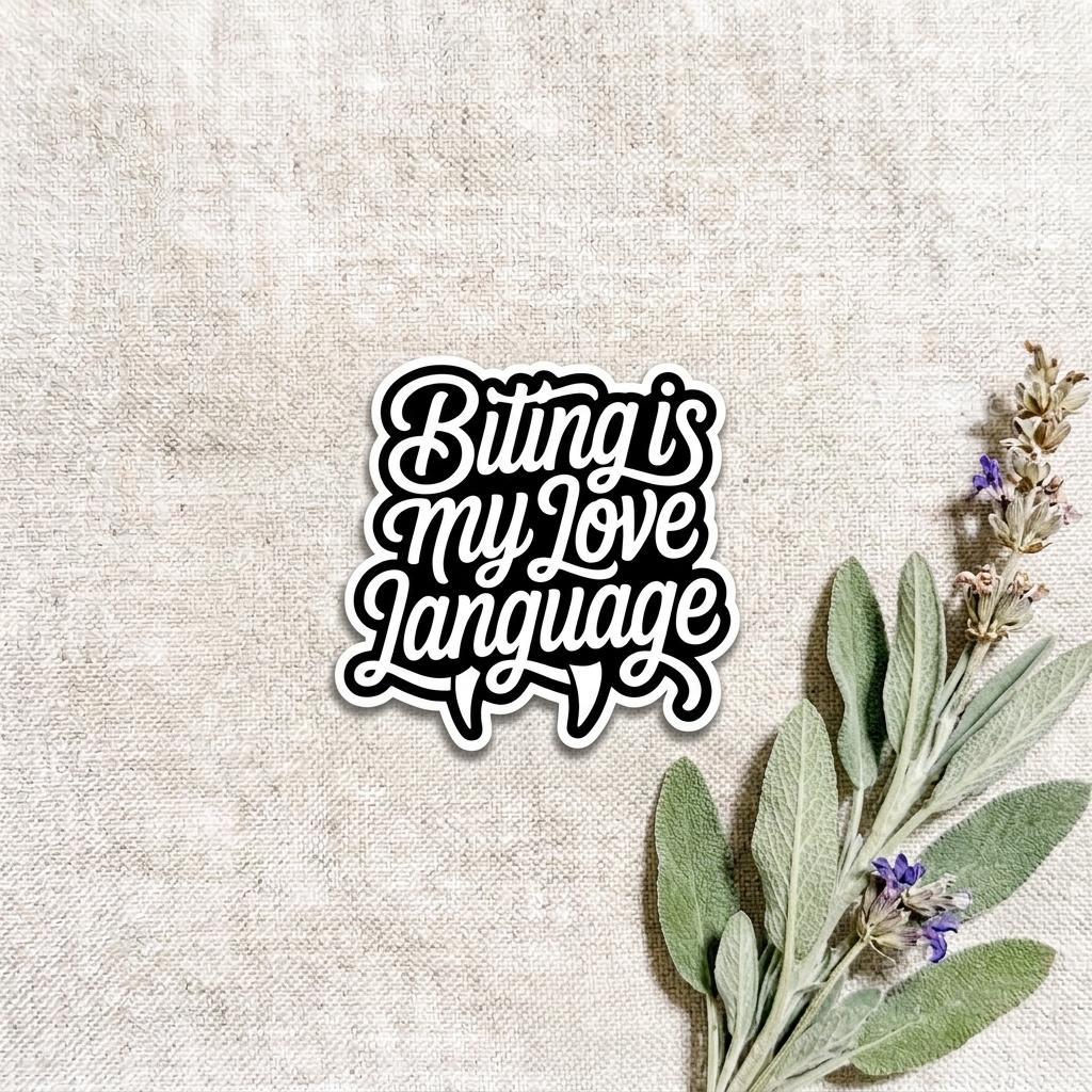 Black and white die-cut vinyl sticker with bold script lettering reading "Biting is my Love Language," displayed on natural linen fabric beside sprigs of dried lavender and sage leaves. __etsy:8182130197