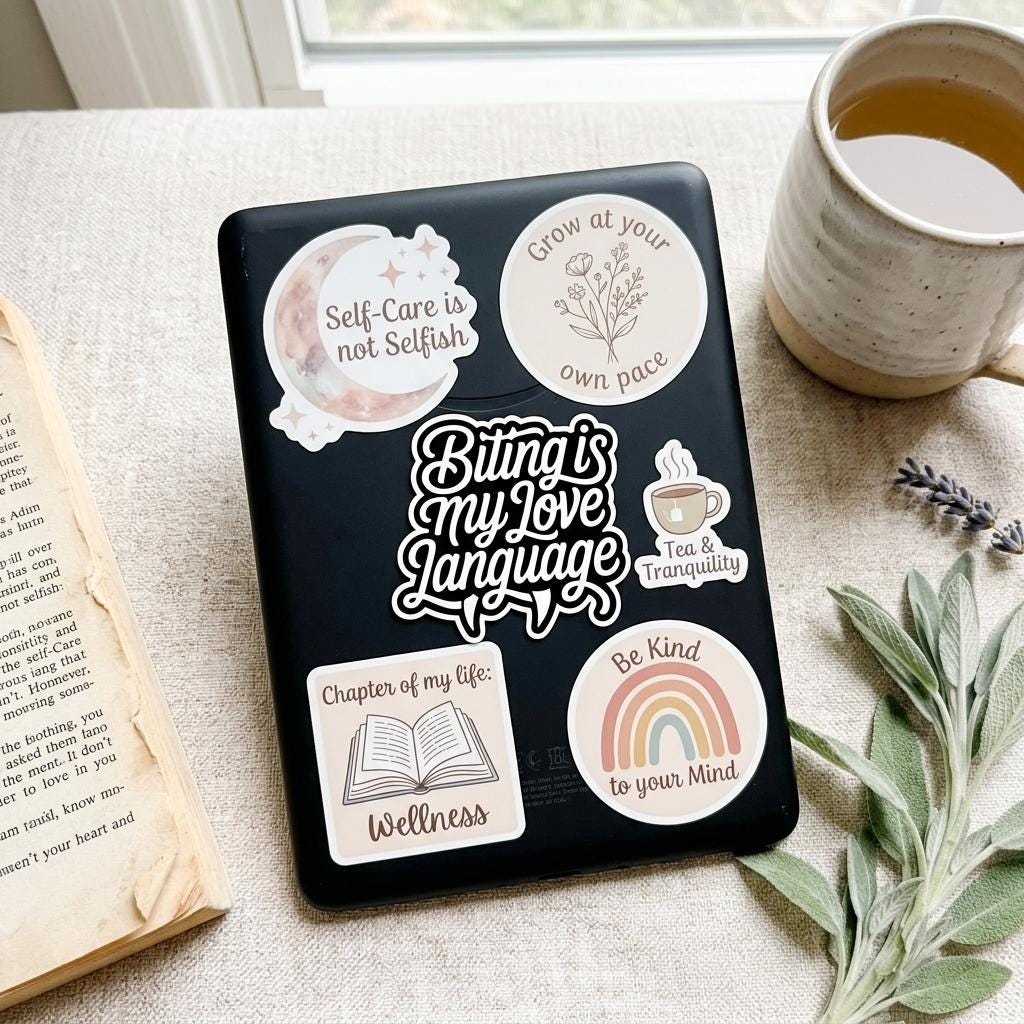 A black e-reader tablet decorated with a collage of self-care and wellness stickers, including "Biting is my Love Language," "Self-Care is not Selfish," "Grow at your own pace," "Be Kind to your Mind," and "Tea & Tranquility," resting on an open book beside a mug of tea and sage leaves. __etsy:8182130223