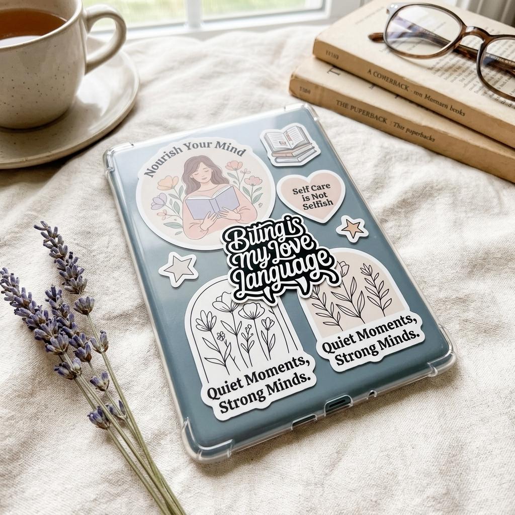 A clear tablet case decorated with calming, book-themed stickers, including "Biting is my Love Language," "Nourish Your Mind" featuring a woman reading, "Self Care is Not Selfish," and two floral arch stickers reading "Quiet Moments, Strong Minds." Styled on linen with a cup of tea, reading glasses, books, and dried lavender. __etsy:8134230700