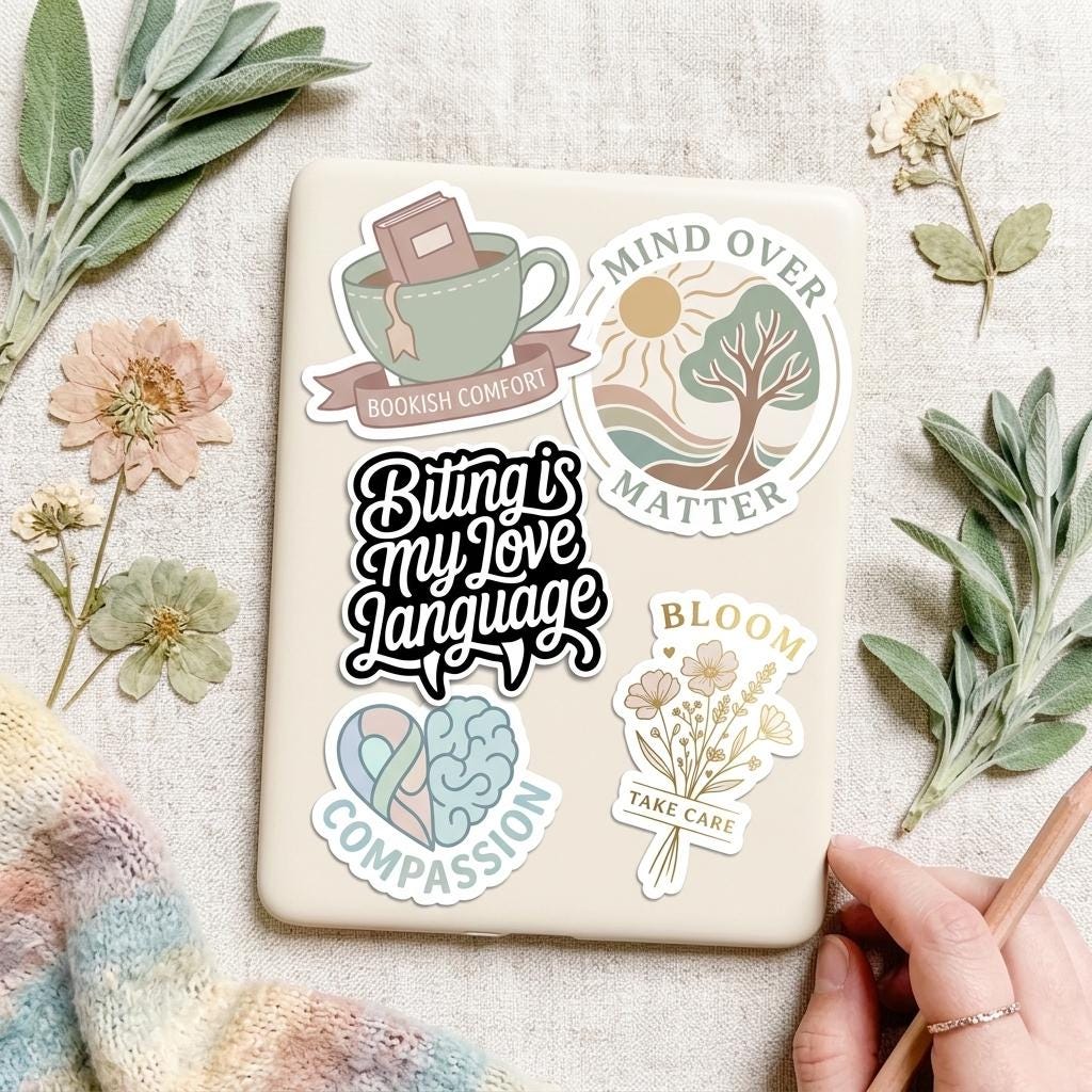 A cream-colored tablet covered with a set of cozy, mindfulness-themed stickers, including "Biting is my Love Language," "Bookish Comfort" with a mug and book, "Mind Over Matter" with a tree landscape, "Bloom" and "Take Care" wildflowers, and a brain-and-heart "Compassion" sticker. Surrounded by pressed flowers, sage, and a knit blanket, with a hand holding a pencil. __etsy:8182130227