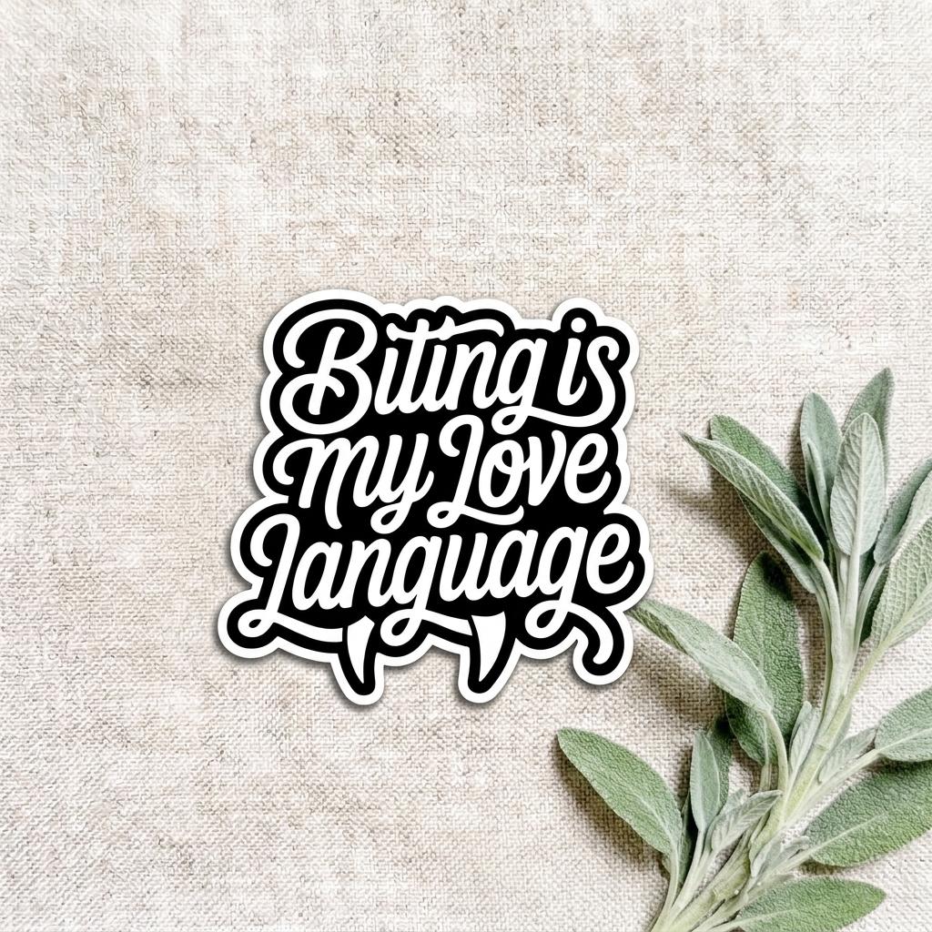 Close-up of a black and white die-cut vinyl sticker with bold script lettering reading "Biting is my Love Language," placed on natural linen fabric next to fresh green sage leaves. __etsy:8182130225