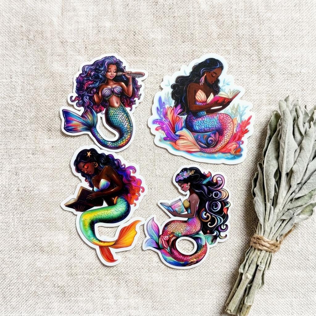 Black Mermaid Sticker Set of 4, Waterproof Bookish Vinyl Decals __etsy:8134295906