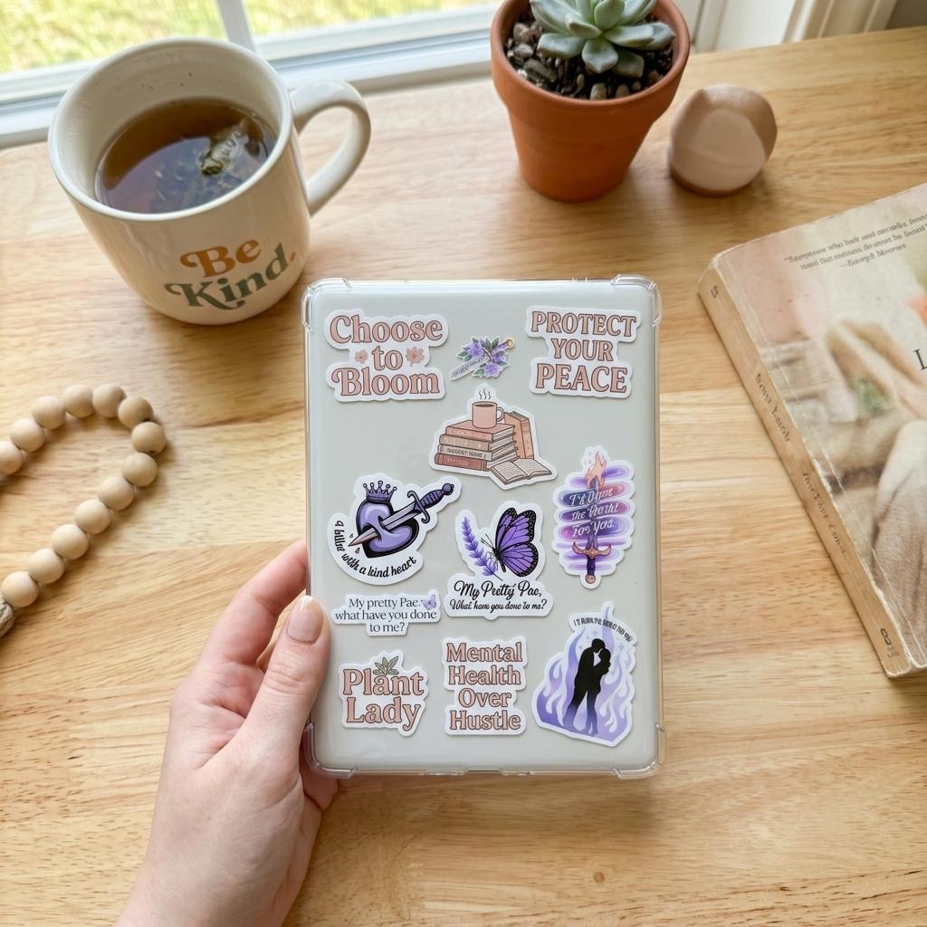 A hand holding a clear lilac Kindle case covered in book boyfriend vinyl stickers near a sunny window, with a Be Kind mug of tea, a potted succulent, and a wooden bead garland. Decals include Choose to Bloom, Protect Your Peace, Plant Lady, Mental Health Over Hustle, a butterfly, books, and a couple silhouette. __etsy:8181760975