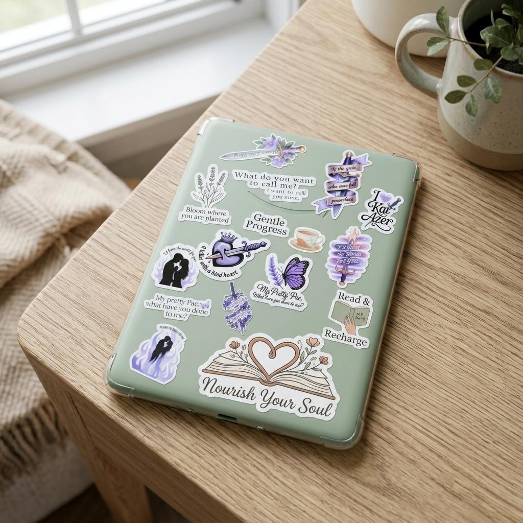 A sage green Kindle case covered in book boyfriend vinyl stickers, on a light wood table by a window with a potted plant in a ceramic pitcher and a knit throw. Decals include Nourish Your Soul with an open book and heart, Gentle Progress, Read and Recharge, Bloom Where You Are Planted, a butterfly, the name Kai Azer, and romantic book quotes. __etsy:8133863946