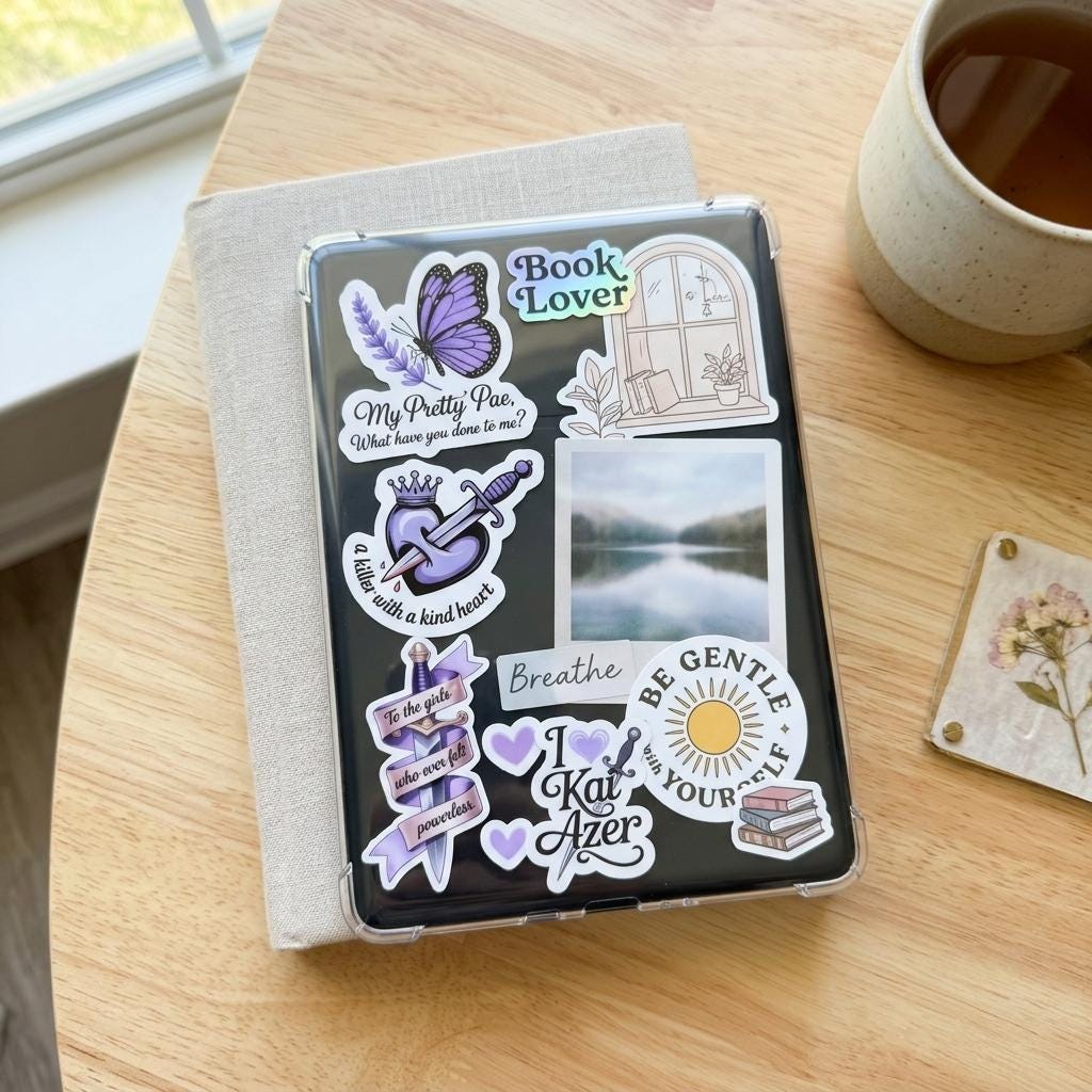 A black Kindle e-reader covered in book boyfriend vinyl stickers, resting on a linen-covered journal on a wooden table beside a mug of tea and a pressed flower. Decals include Book Lover, Be Gentle With Yourself with a sun, Breathe, a butterfly, a lake and mountain scene, a crowned heart with dagger, I love Kai Azer, and romantic book quotes. __etsy:8133863944