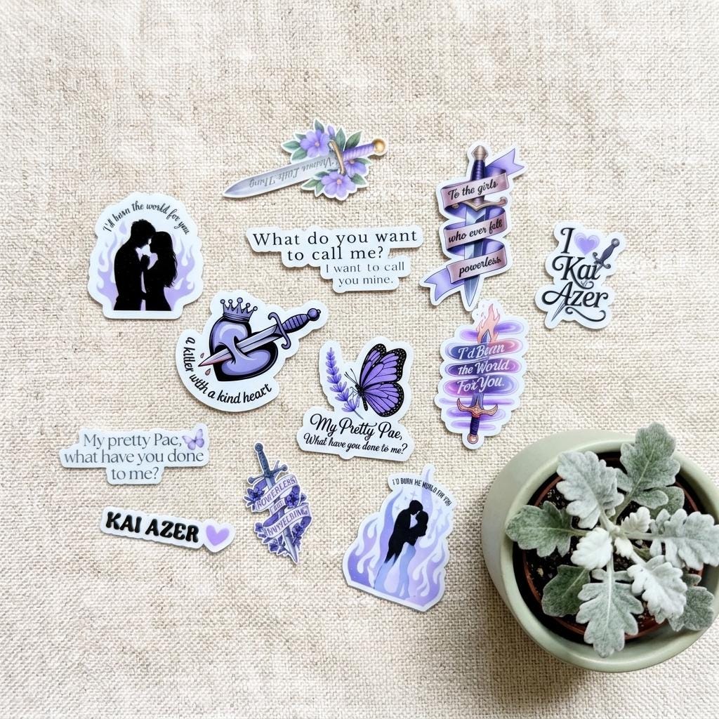 Book boyfriend sticker pack of 12 waterproof vinyl decals in a purple and lavender palette, arranged on natural linen fabric beside a small potted plant. Stickers feature romantic book quotes, a butterfly, a crowned heart with dagger, a couple silhouette, and the name Kai Azer. __etsy:8133863388