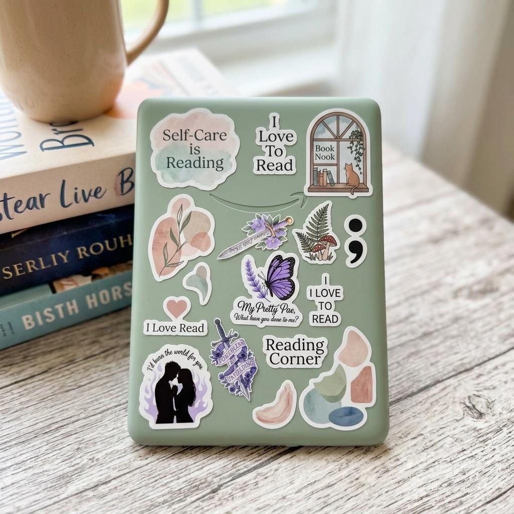 A sage green Kindle e-reader decorated with the book boyfriend vinyl stickers, propped against a stack of books beside a wooden mug near a window. Reading-themed decals include Self-Care is Reading, I Love To Read, Reading Corner, a purple butterfly, a semicolon, ferns, and a couple silhouette. __etsy:8181761445