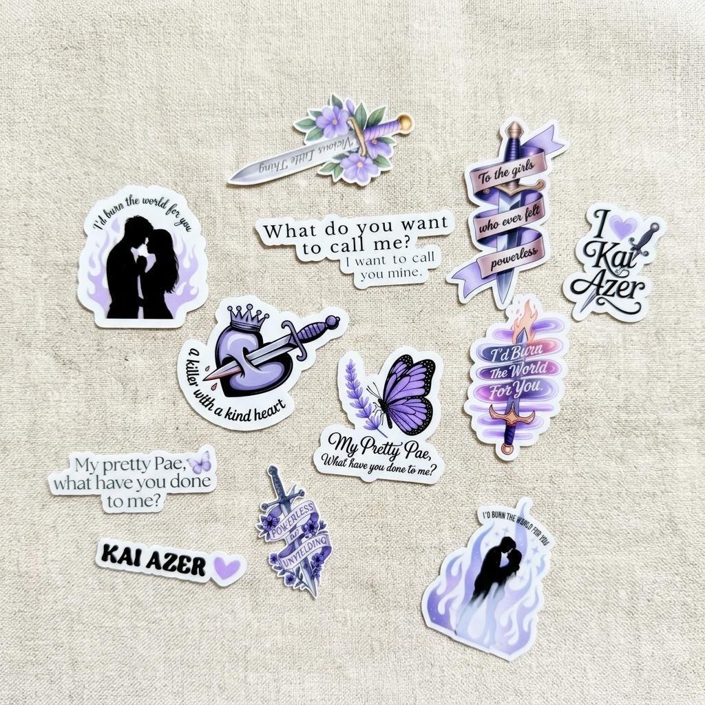All 12 book boyfriend stickers arranged flat on plain linen fabric, showing each design clearly. The purple and lavender vinyl decals include a couple silhouette, a crowned heart with dagger, a butterfly, a floral dagger, a banner reading to the girls who ever felt powerless, romantic book quotes, and the name Kai Azer. __etsy:8133863384