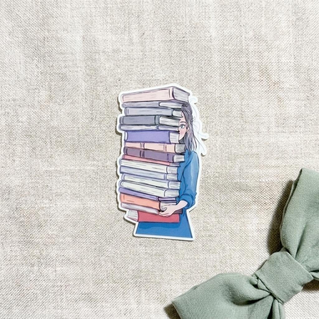 Book Hoarder Sticker: Bookish Girl with Stack of Books - For Readers __etsy:8109627974