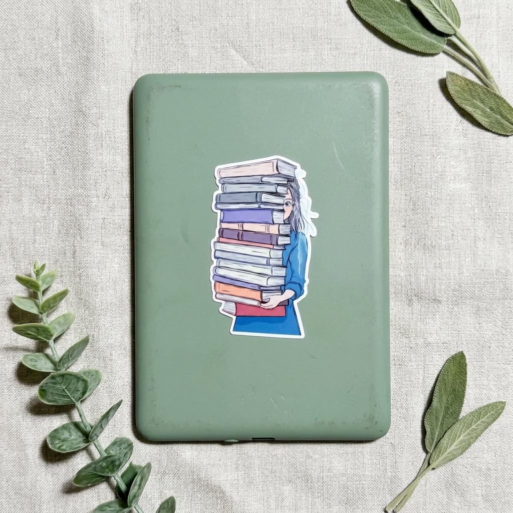 Book Hoarder Sticker: Bookish Girl with Stack of Books - For Readers __etsy:8109610866