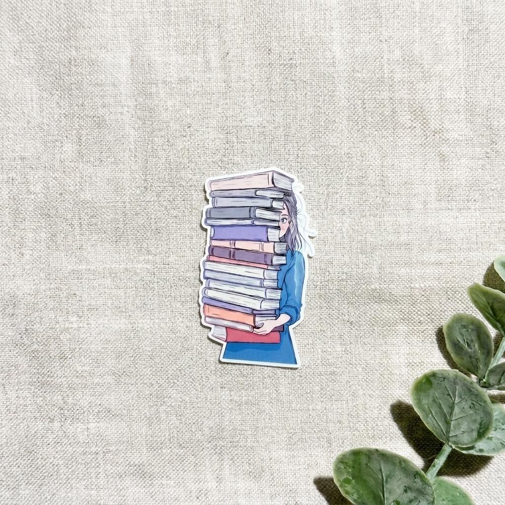 Book Hoarder Sticker: Bookish Girl with Stack of Books - For Readers __etsy:8109616224