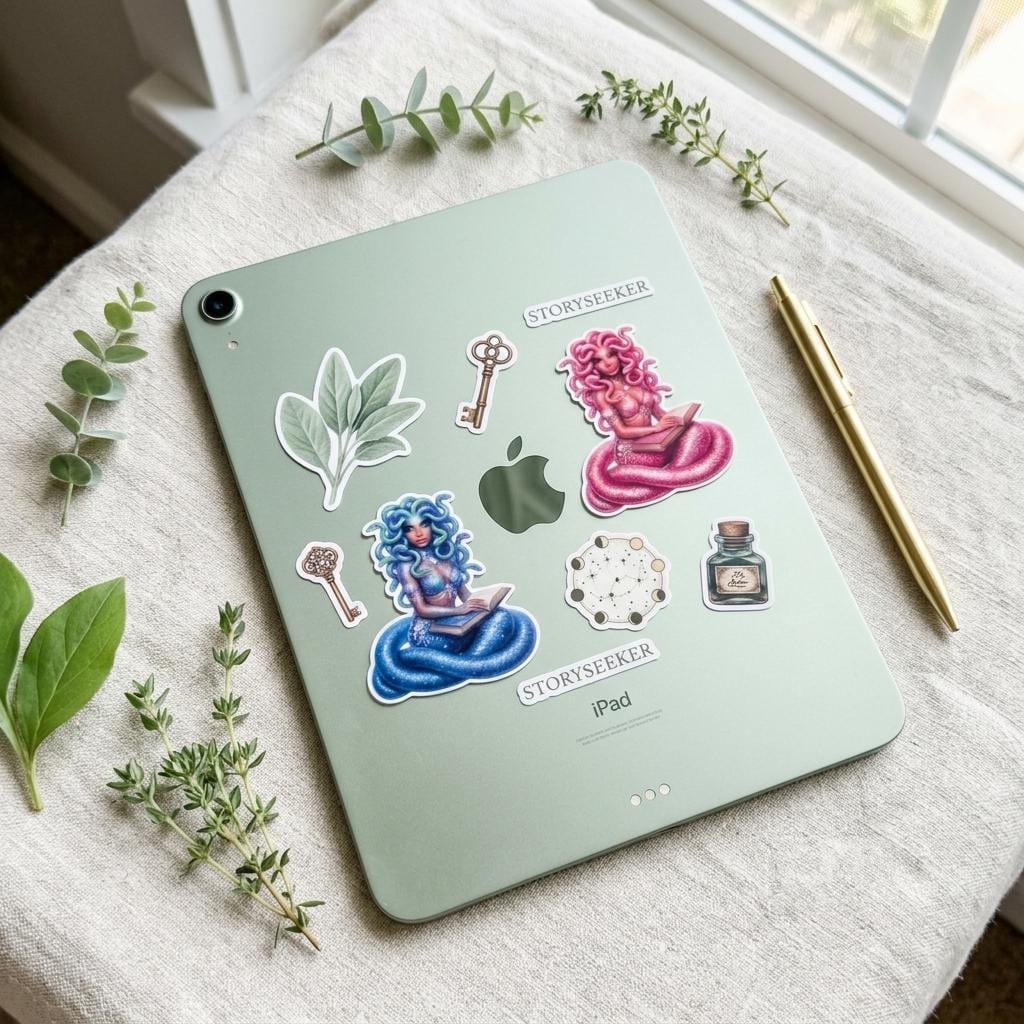 Bookish Medusa Sticker Set of 2, Reading Gorgon Waterproof Vinyl for Kindle & Laptop __etsy:8118063540