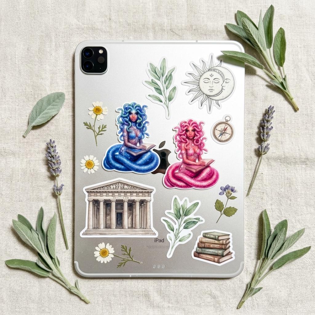 Bookish Medusa Sticker Set of 2, Reading Gorgon Waterproof Vinyl for Kindle & Laptop __etsy:8118063544