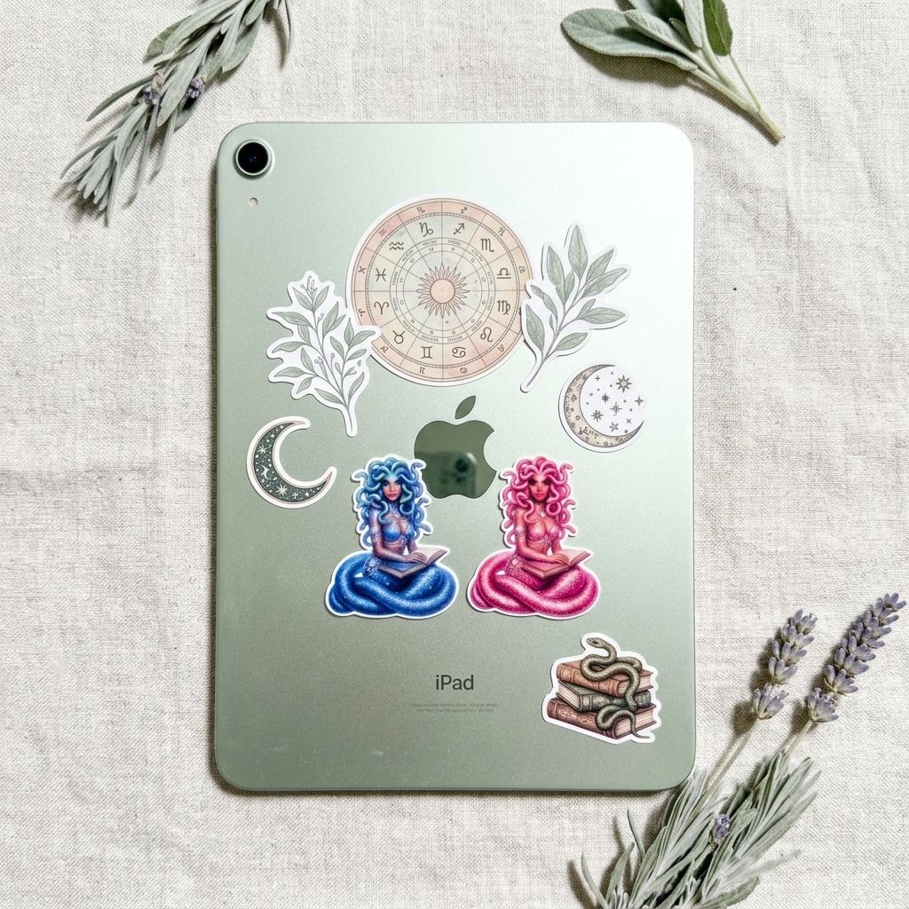 Bookish Medusa Sticker Set of 2, Reading Gorgon Waterproof Vinyl for Kindle & Laptop __etsy:8165973639