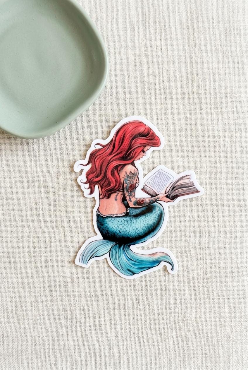 Bookish Mermaid Sticker, Tattooed Reading Decal, Waterproof Vinyl for Kindle & Water Bottle __etsy:8117621652