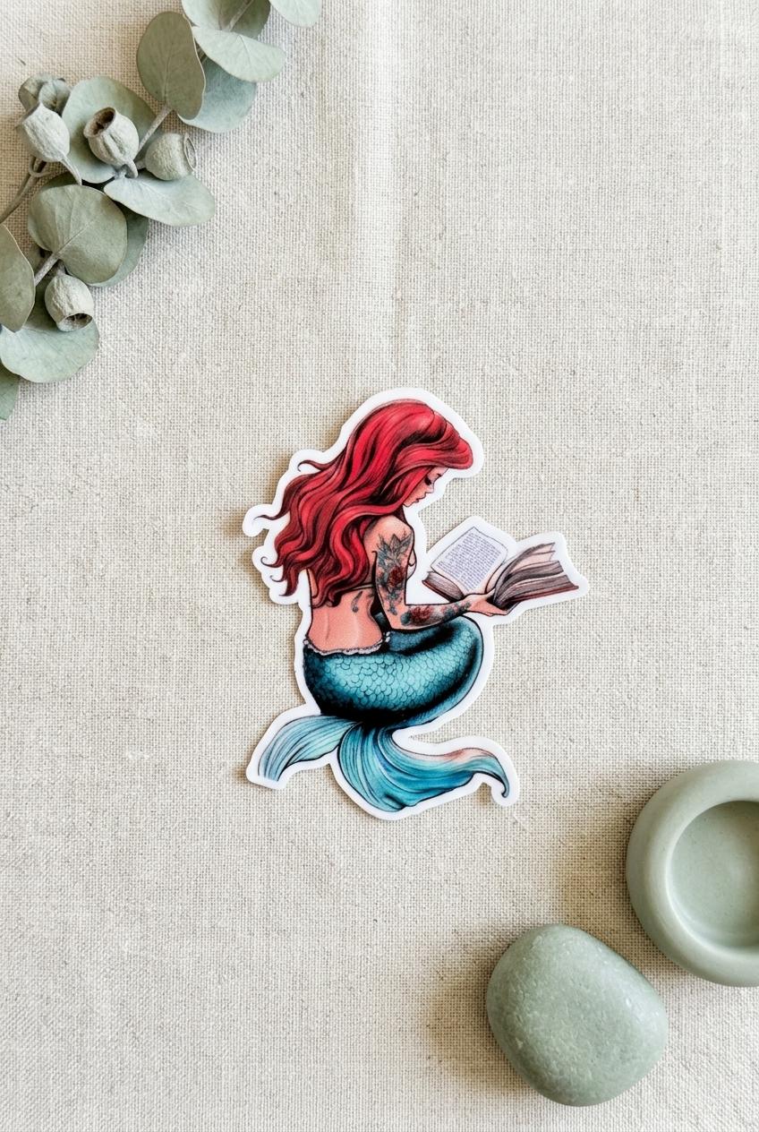 Bookish Mermaid Sticker, Tattooed Reading Decal, Waterproof Vinyl for Kindle & Water Bottle __etsy:8117621730