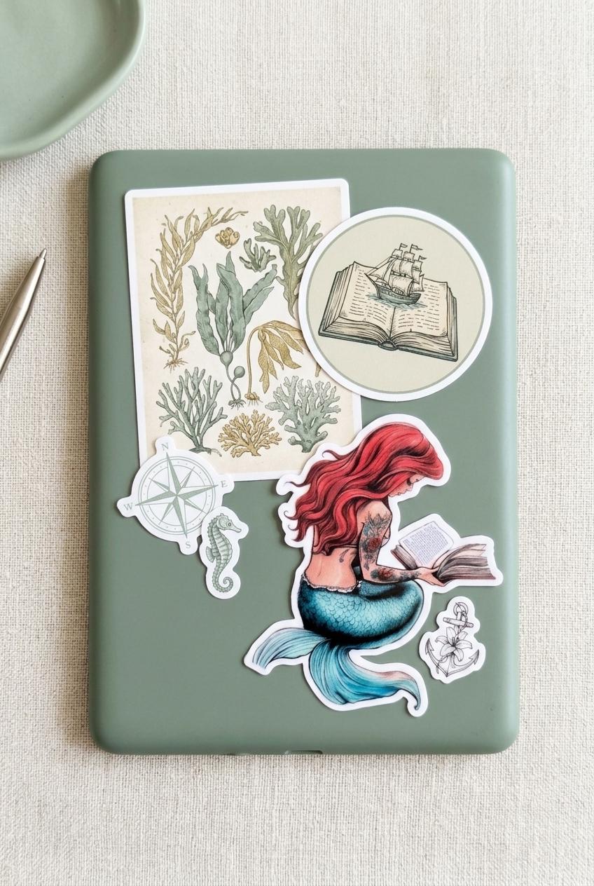 Bookish Mermaid Sticker, Tattooed Reading Decal, Waterproof Vinyl for Kindle & Water Bottle __etsy:8165538017
