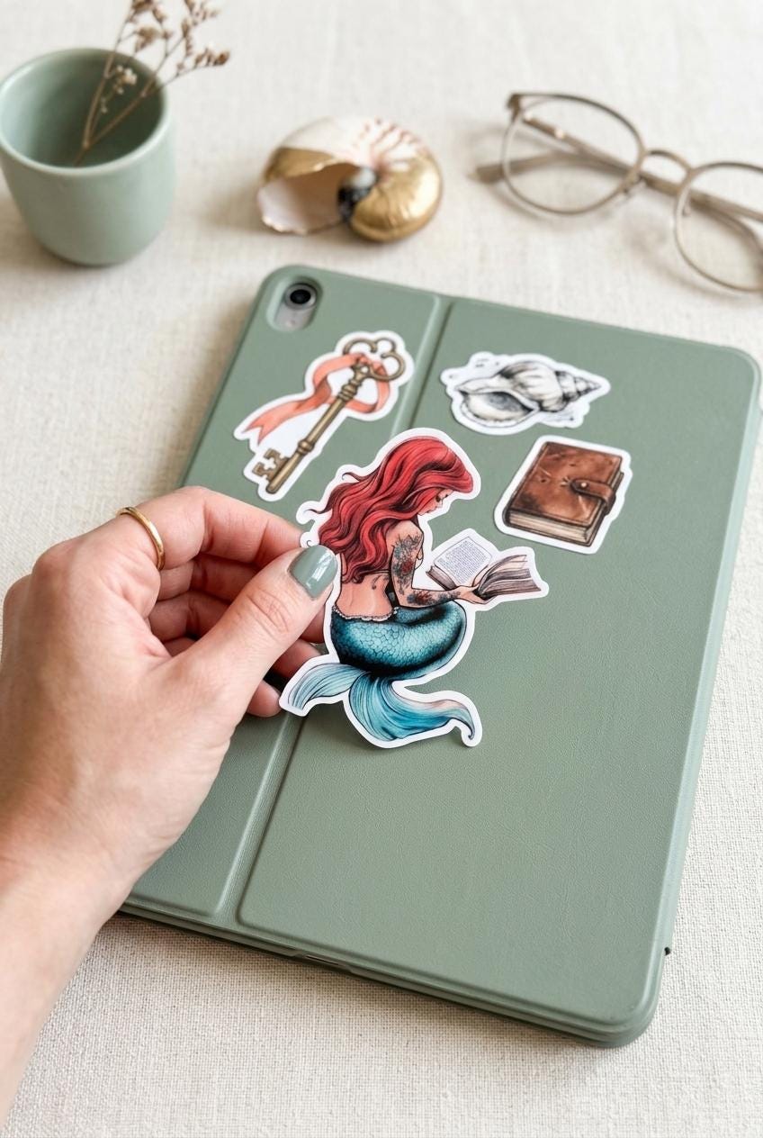 Bookish Mermaid Sticker, Tattooed Reading Decal, Waterproof Vinyl for Kindle & Water Bottle __etsy:8117633272