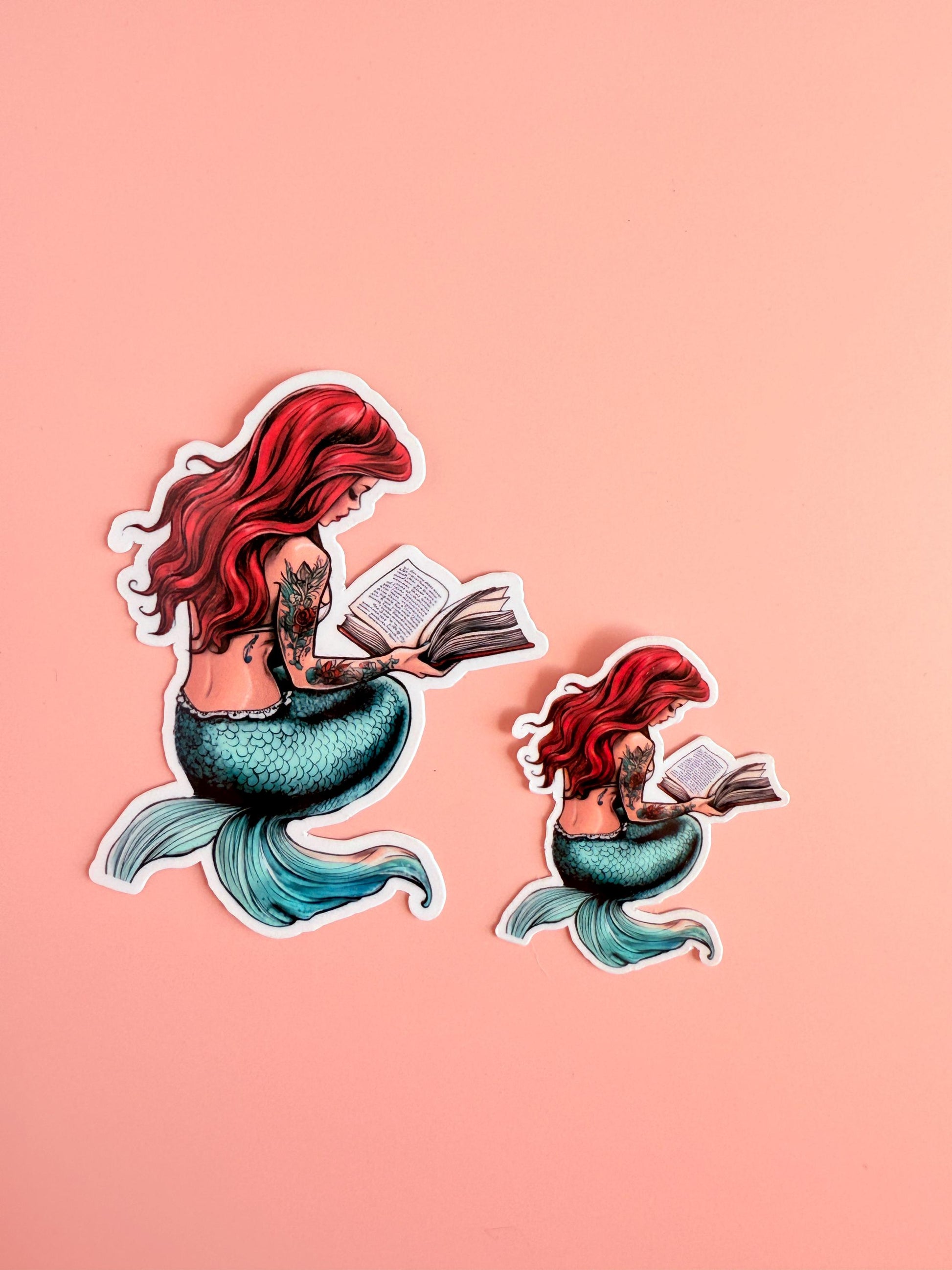 Bookish Mermaid Sticker, Tattooed Reading Decal, Waterproof Vinyl for Kindle & Water Bottle __etsy:6892993562