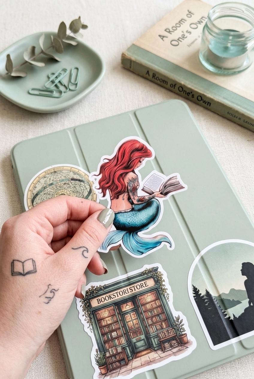Bookish Mermaid Sticker, Tattooed Reading Decal, Waterproof Vinyl for Kindle & Water Bottle __etsy:8165543357