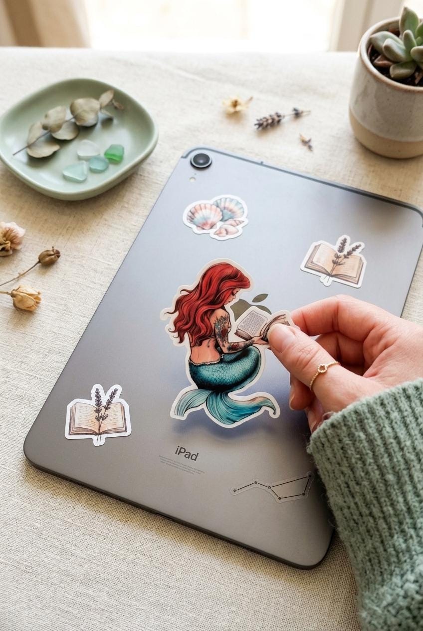 Bookish Mermaid Sticker, Tattooed Reading Decal, Waterproof Vinyl for Kindle & Water Bottle __etsy:8165544087