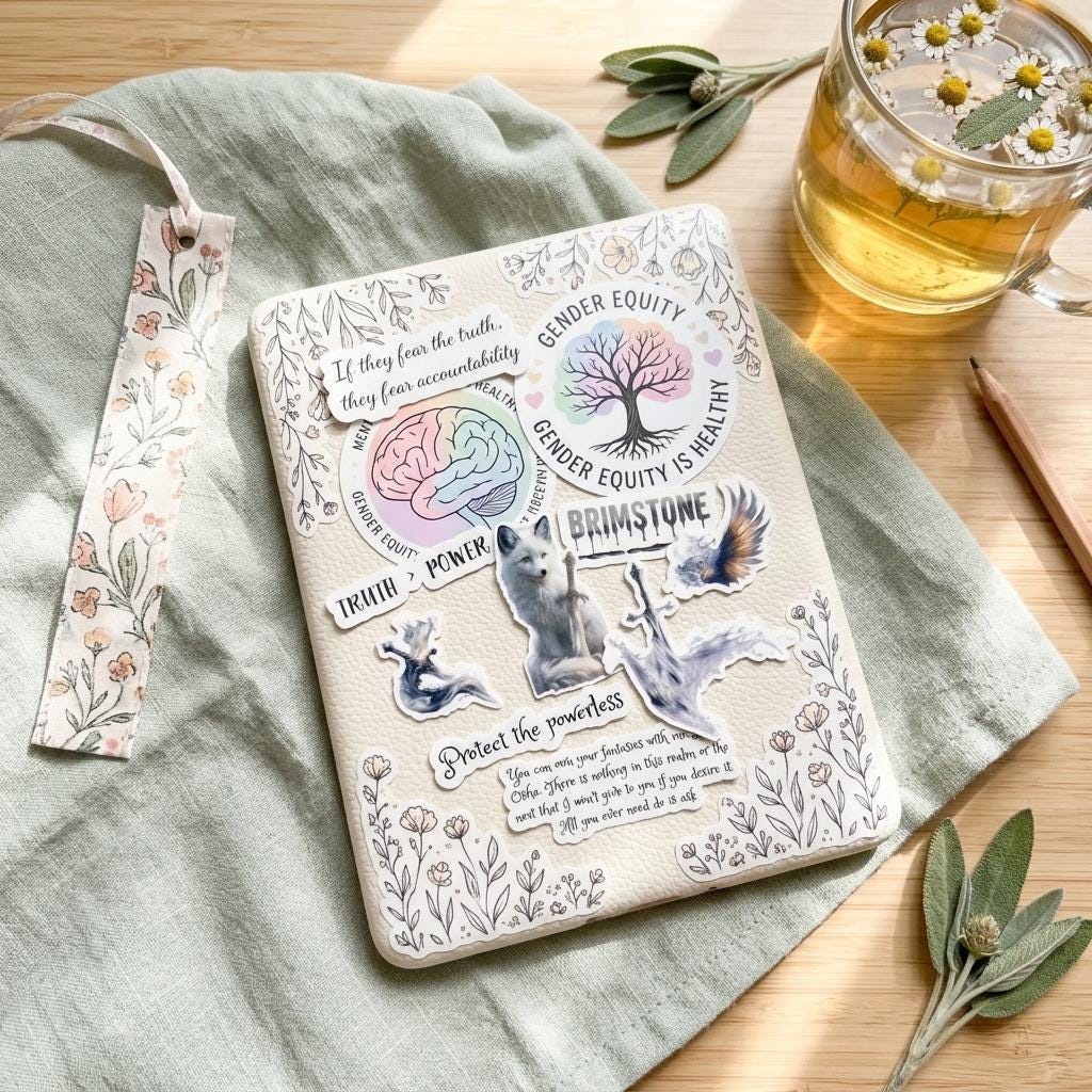 Cream journal decorated with the Brimstone fantasy stickers, including the white wolf with a sword, a rainbow watercolor brain, a rainbow tree of life, and quote stickers reading Gender Equity is Healthy, Truth > Power, and Protect the powerless. A floral fabric bookmark, a glass cup of chamomile tea, and fresh sage rest beside the journal on a sage green linen cloth. __etsy:8134190718
