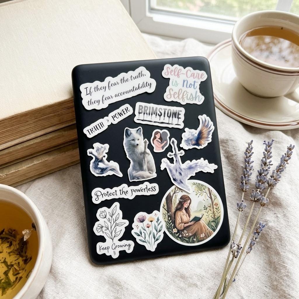Black laptop covered with the Brimstone fantasy sticker collection, including the white wolf with a sword, a person cradling a heart, a woman reading in a floral circle, and quote stickers reading Brimstone, Truth > Power, Protect the powerless, Self-Care is Not Selfish, and Keep Growing. A cup of tea, a bundle of dried lavender, and an open book sit nearby on linen by a sunny window. __etsy:8182090415