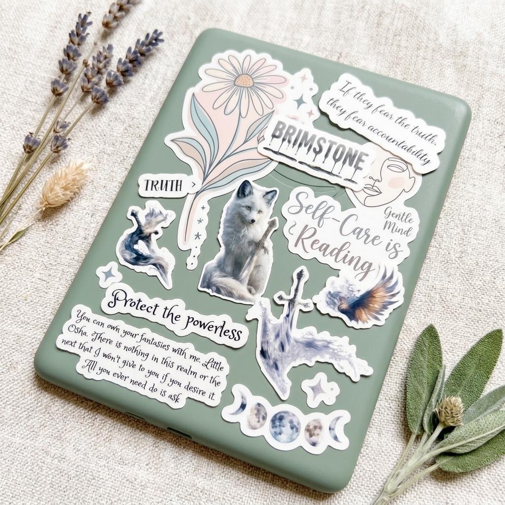Sage green tablet decorated with the Brimstone fantasy stickers, including the white wolf with a sword, a tall floral bloom, crescent moon phases, and stars, alongside quote stickers reading Brimstone, Truth, Self-Care is Reading, Gentle Mind, and Protect the powerless. Dried lavender and fresh sage are arranged beside it on natural linen. __etsy:8134190710