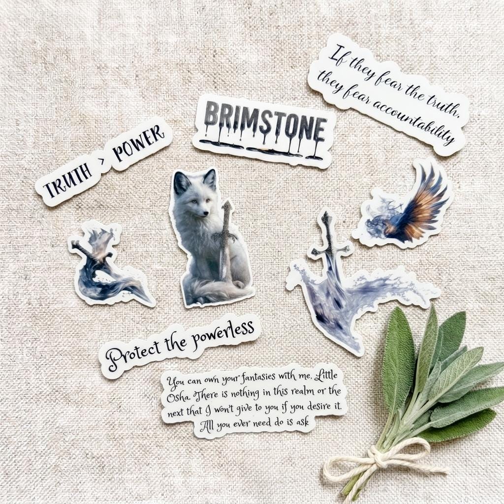 Flat lay of the Brimstone fantasy vinyl stickers arranged on natural linen with a twine-tied bundle of fresh sage. The set includes a watercolor white wolf holding a sword, a winged fox figure, a sword, and decorative quote stickers reading Brimstone, Truth > Power, Protect the powerless, and If they fear the truth they fear accountability. __etsy:8134190738