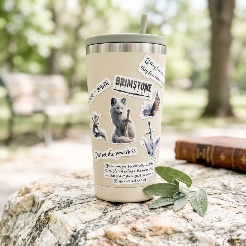 Cream and silver insulated tumbler decorated with the Brimstone fantasy stickers, including the white wolf with a sword and quote stickers reading Brimstone and Protect the powerless. The tumbler stands on a rock outdoors beside a book, with fresh sage at its base and a soft, blurred green background. __etsy:8182091025