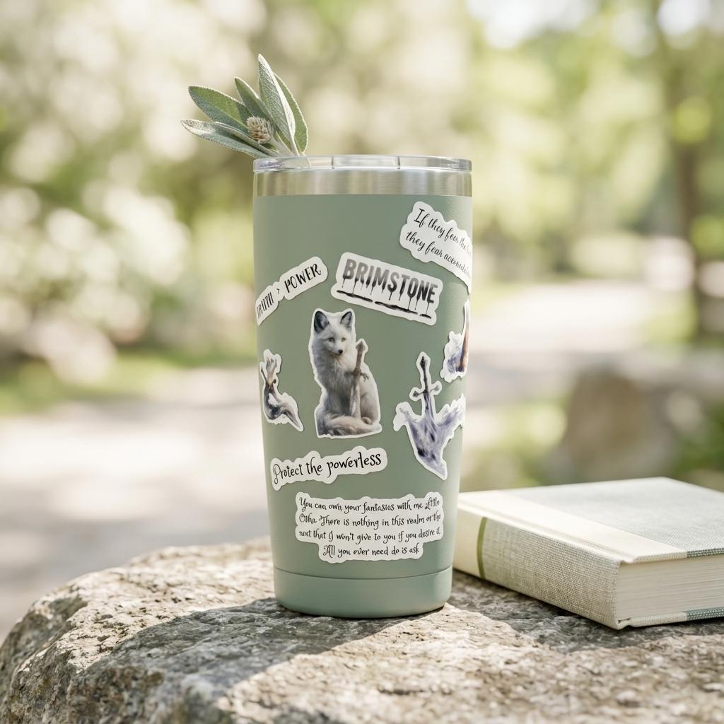 Sage green insulated travel tumbler decorated with the Brimstone fantasy stickers, including the white wolf with a sword and quote stickers reading Brimstone and Protect the powerless. The tumbler stands on a stone beside an open book outdoors, with fresh sage on the lid and a soft, blurred green background. __etsy:8134191270