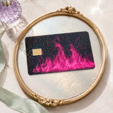 Pink flame glitter card skin displayed inside a gold oval frame by The Sticker Era