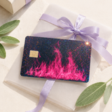 Hot pink flame card skin on a gift box tied with lilac ribbon by The Sticker Era