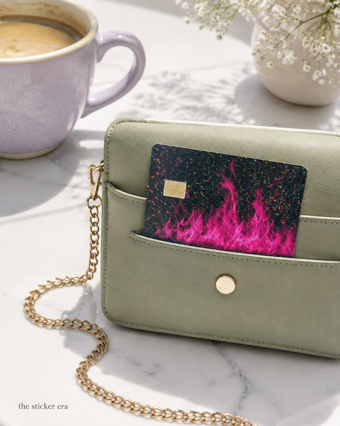 Hot pink flame debit card skin tucked into a sage green wallet next to a cup of coffee by The Sticker Era