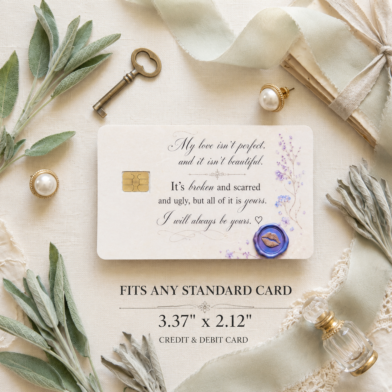 Romantic love letter card skin with wax seal and gold chip on cream linen with sage and a brass key by The Sticker Era