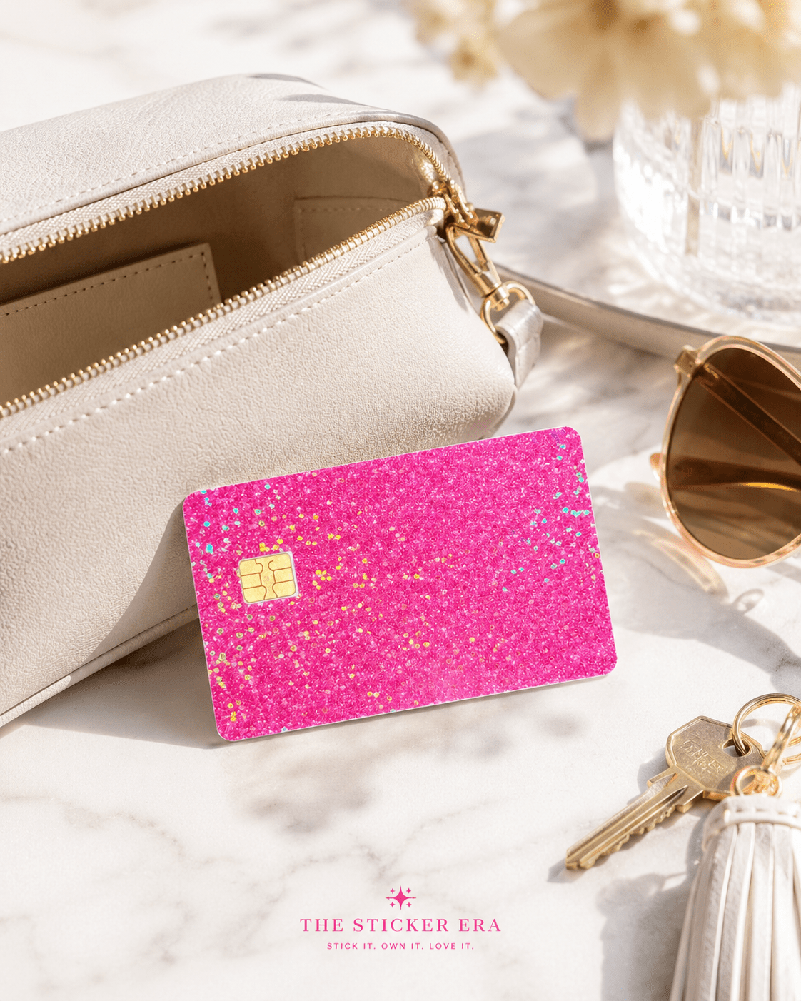 Hot Pink Glitter Card Skin – Sparkly Debit & Credit Card Sticker by The Sticker Era