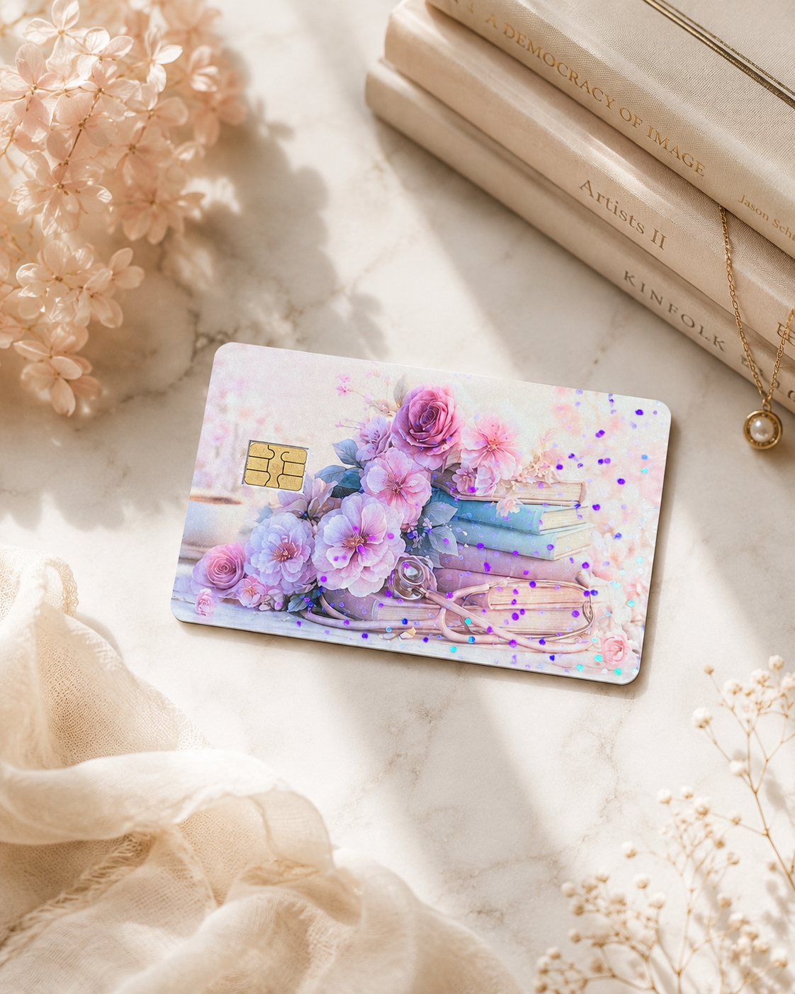 Pastel floral book card skin on white marble with dried flowers, cream books and a gold necklace by The Sticker Era