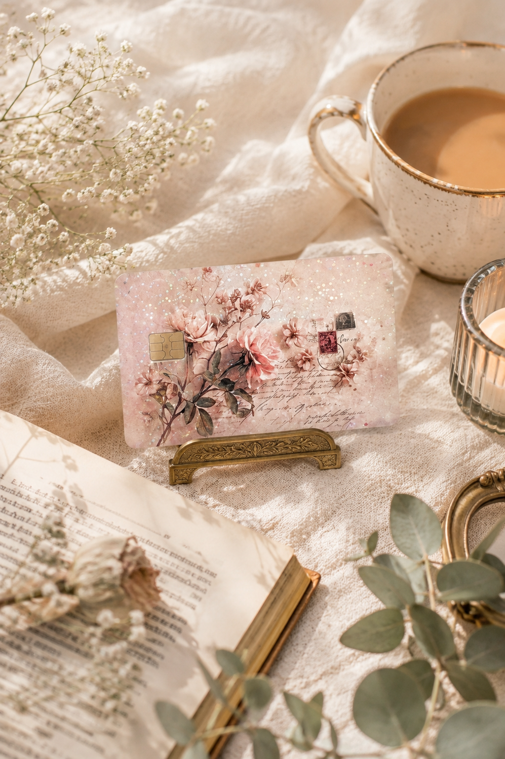 A rectangular pink glitter pouch with a debit card skin print and a small gold tag, displayed on a gold stand on a cream fabric surface with an open book, dried flowers, a cup of coffee, and greenery. by the sticker era