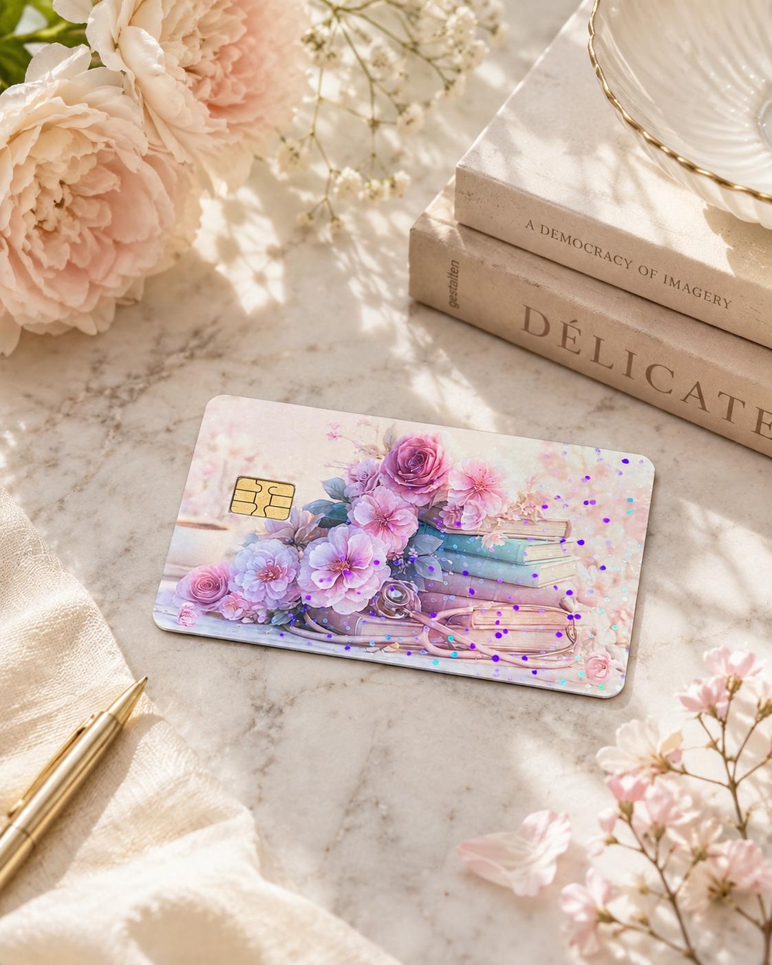 Pastel floral book card skin on white marble with pale roses, a book and baby's breath in sunlight by The Sticker Era