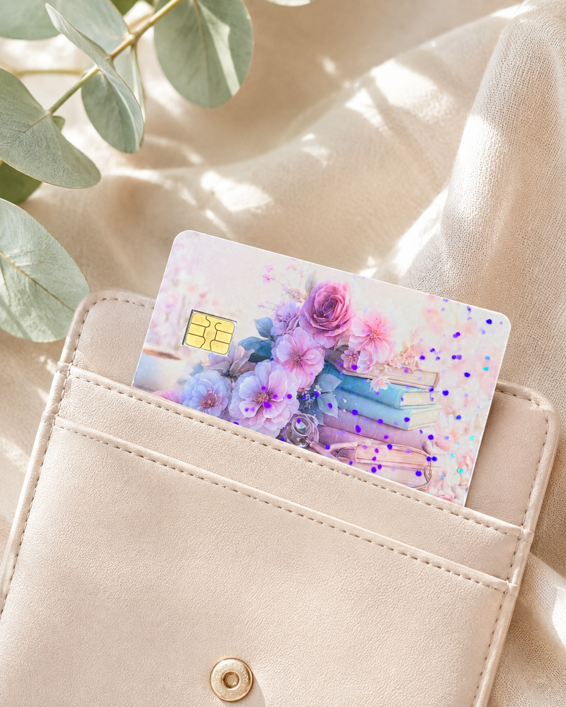 Pastel floral book card skin tucked into a cream leather card wallet with eucalyptus by The Sticker Era